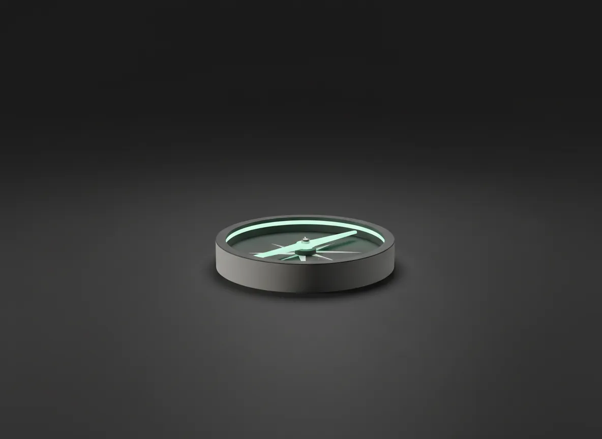 3D render of a minimal compass with a softly glowing needle