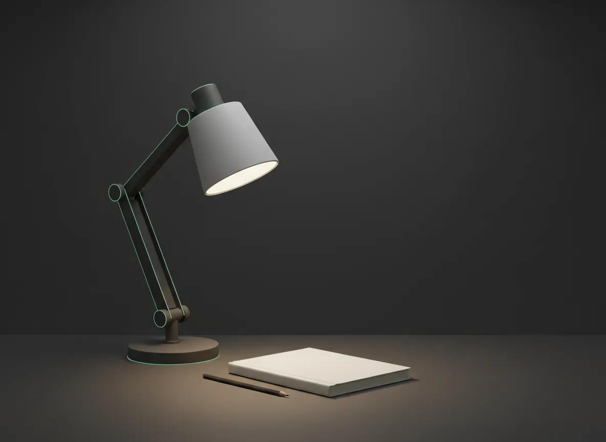 3D render of a desk lamp lighting a closed notebook